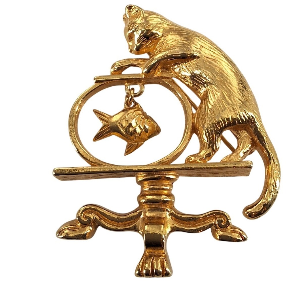 Vintage 1994‎ Avon Naughty Cat & Fishbowl Brooch Gold Tone Dangling Goldfish Pin